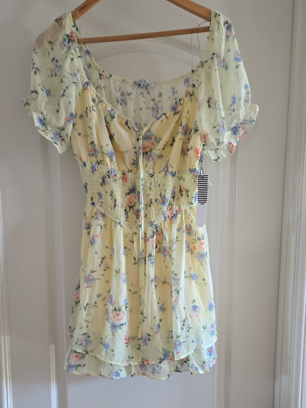 Light Yellow Floral Midi Dress with Puff Sleeves